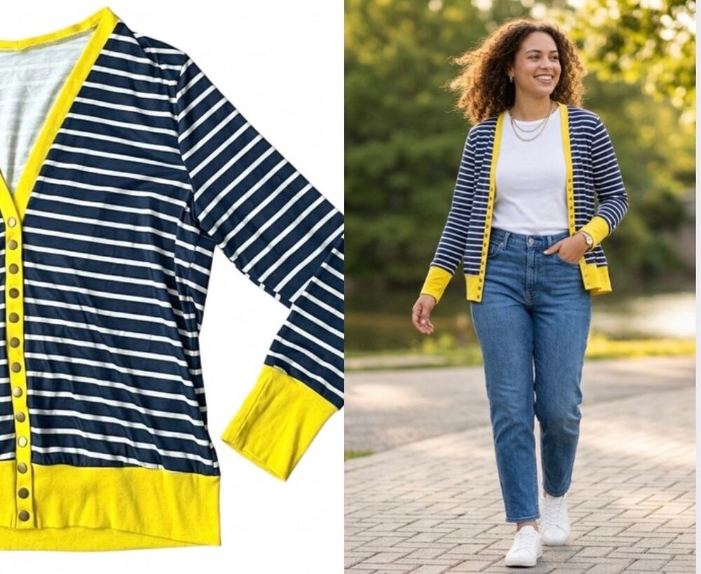 Navy White Striped Cardigan Yellow Contrast Trim XL